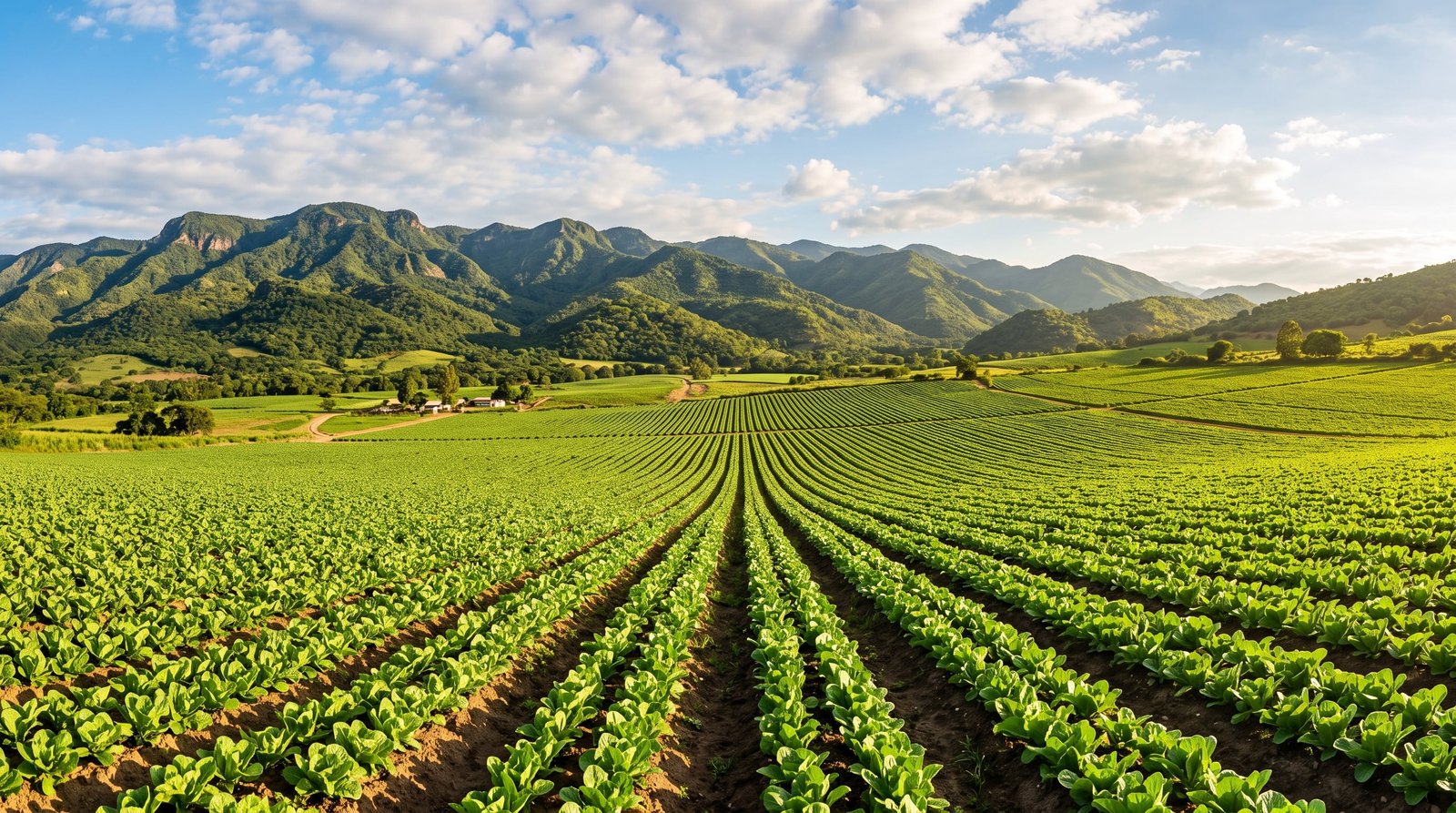 Campo agrícola verde con montañas al fondo