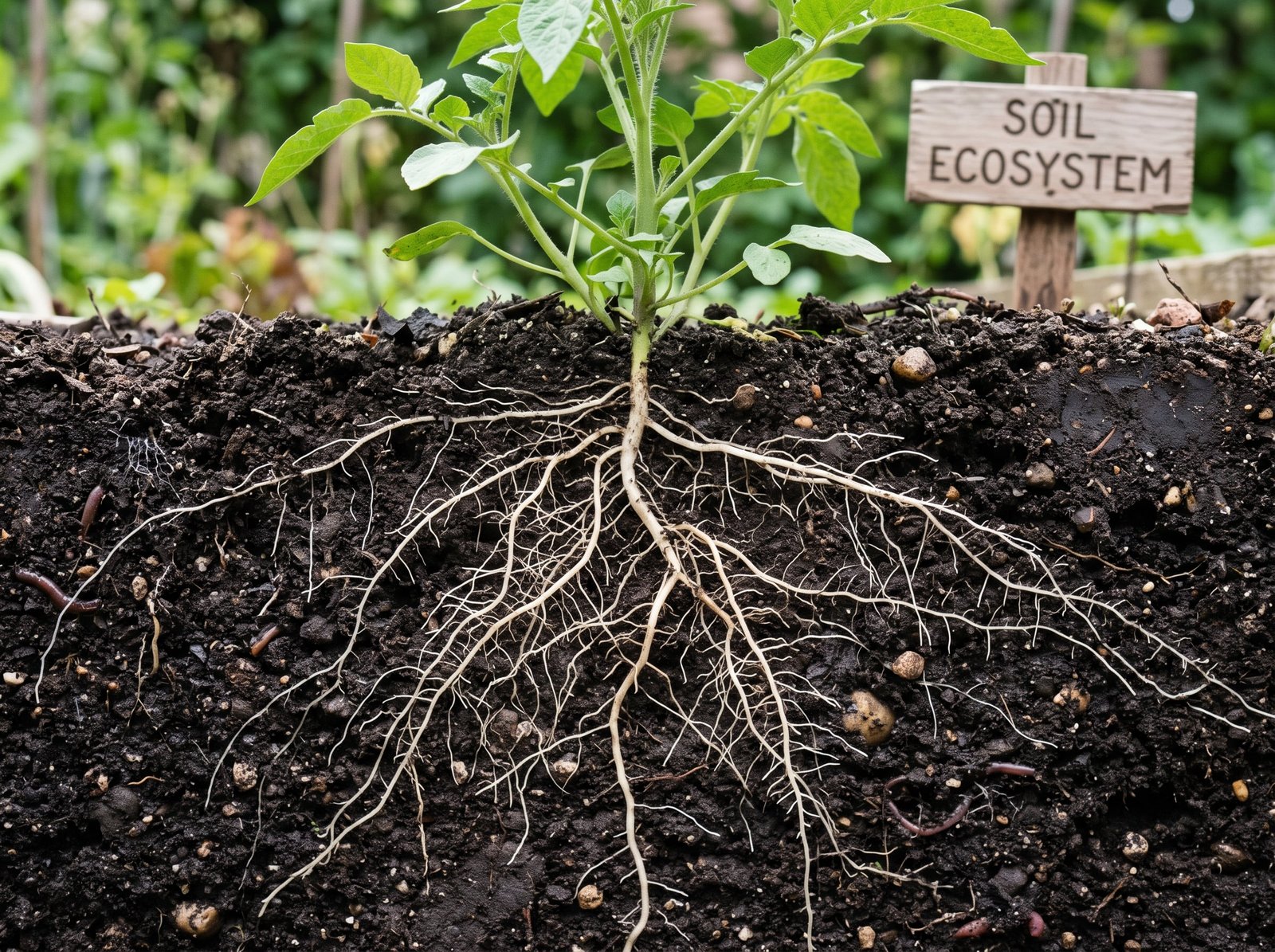 Raíces jóvenes de planta creciendo en sustrato enriquecido con zeolita